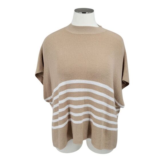 J. Crew One Size Sweater Poncho Tan White Stripes Mock Neck Women's - Picture 1 of 10